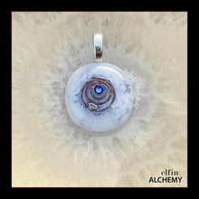 Load image into Gallery viewer, zodiac Virgo elfin alchemy cosmic spiral white fused glass pendant with a sapphire Swarovski crystal

