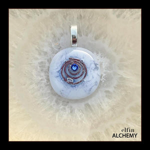 zodiac Virgo elfin alchemy cosmic spiral white fused glass pendant with a sapphire Swarovski crystal