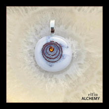 Load image into Gallery viewer, zodiac Scorpio elfin alchemy cosmic spiral white fused glass pendant with a topaz Swarovski crystal
