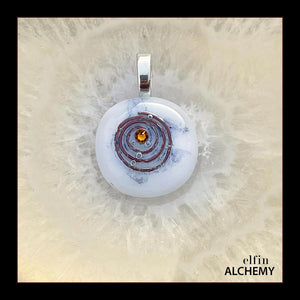 zodiac Scorpio elfin alchemy cosmic spiral white fused glass pendant with a topaz Swarovski crystal