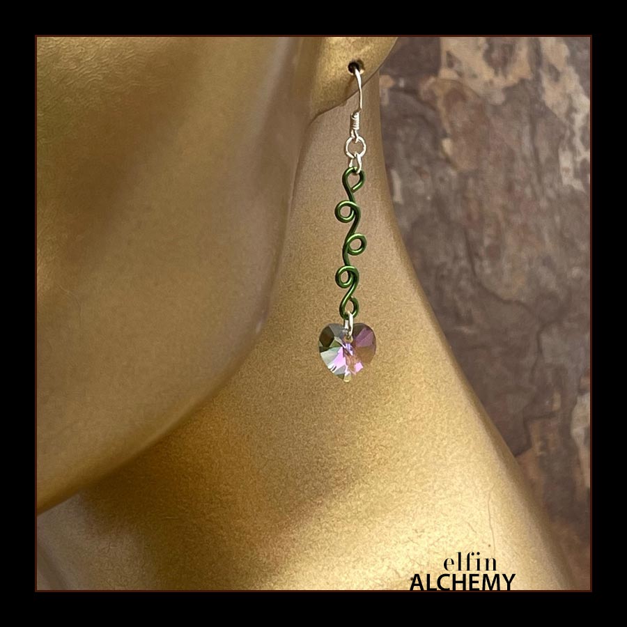 elfin alchemy forest green sculptural vine scroll Swarovski crystal heart earrings inspired by the magical art of our ancient ancestors, handmade in Lancashire, England