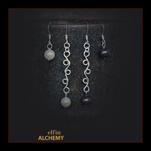 Load image into Gallery viewer, elfin alchemy selection of sterling silver sculptural vine scroll earrings with cultured freshwater pearls (or the pearl earrings without the vine scrolls) handmade in Lancashire, England
