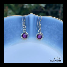 Load image into Gallery viewer, zodiac Aquarius birthstone elfin alchemy spiral earrings with amethyst colour Swarovski crystal, handcrafted in Lancashire
