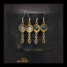 Load image into Gallery viewer, zodiac birthstone Aries and Taurus Swarovski crystal earrings in gold tone plated metal handmade by elfin alchemy in Lancashire
