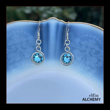 Load image into Gallery viewer, zodiac Pisces birthstone elfin alchemy spiral earrings with aquamarine colour Swarovski crystal, handcrafted in Lancashire
