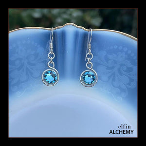 zodiac Pisces birthstone elfin alchemy spiral earrings with aquamarine colour Swarovski crystal, handcrafted in Lancashire