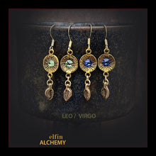 Load image into Gallery viewer, zodiac birthstone Leo and Virgo Swarovski crystal earrings in gold tone plated metal handmade by elfin alchemy in Lancashire
