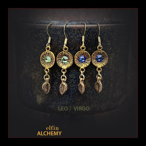 zodiac birthstone Leo and Virgo Swarovski crystal earrings in gold tone plated metal handmade by elfin alchemy in Lancashire