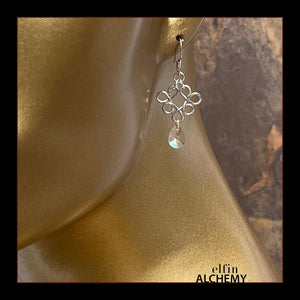 elfin alchemy sterling silver byzantine scroll earrings with Swarovski crystal pear shaped drops, inspired by the magical art of our ancient ancestors, handmade in Lancashire, England