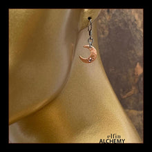 Load image into Gallery viewer, elfin alchemy copper crescent moon with Swarovski crystals earrings and plated ear hooks celestial collection inspired by the magical art of our ancient ancestors, handmade in Lancashire, England
