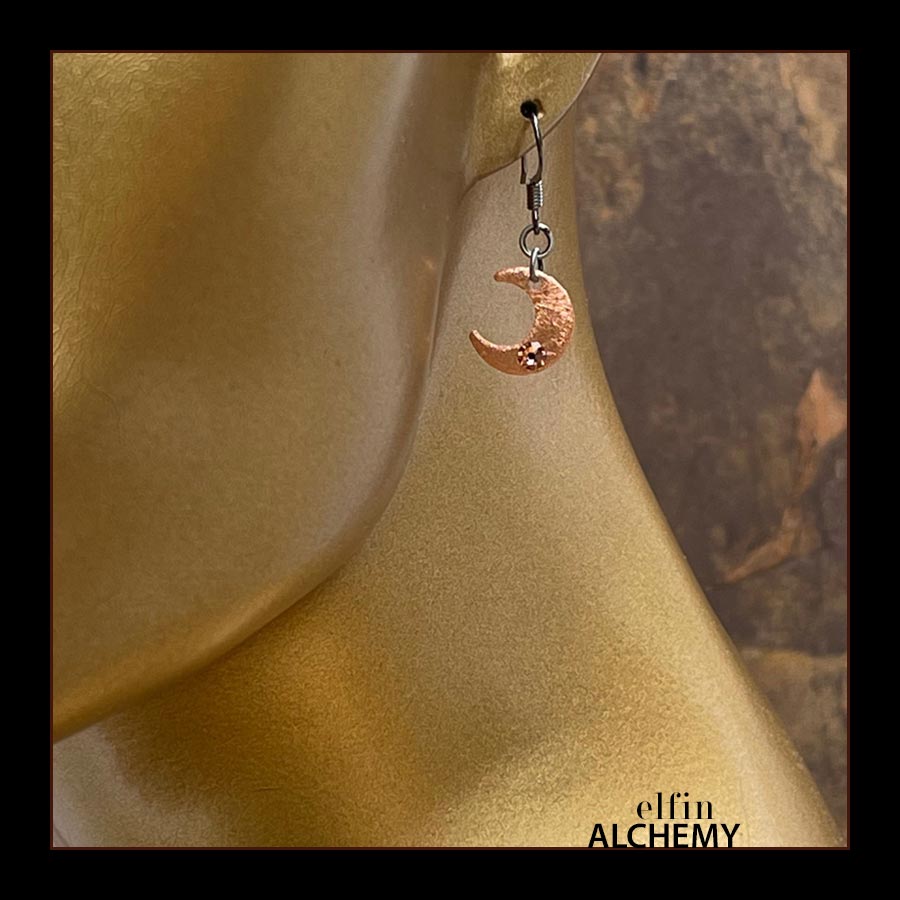 elfin alchemy copper crescent moon with Swarovski crystals earrings and plated ear hooks celestial collection inspired by the magical art of our ancient ancestors, handmade in Lancashire, England