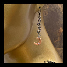 Load image into Gallery viewer, elfin alchemy copper crescent moon earrings with Swarovski crystals and metallic grey vine scrolls and plated ear hooks celestial collection inspired by the magical art of our ancient ancestors
