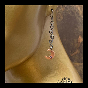 elfin alchemy copper crescent moon earrings with Swarovski crystals and metallic grey vine scrolls and plated ear hooks celestial collection inspired by the magical art of our ancient ancestors