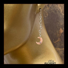 Load image into Gallery viewer, elfin alchemy copper crescent moon earrings with Swarovski crystals and sterling silver vine scrolls and ear hooks, the celestial collection inspired by the art of our ancient ancestors, handcrafted for you in Lancashire England
