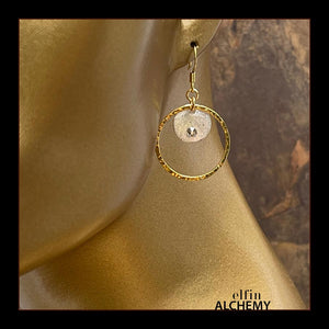 elfin alchemy sterling silver plated copper moon earrings with Swarovski crystals and gold tone hammered metal hoops, the celestial collection inspired by the magical art of our ancient ancestors