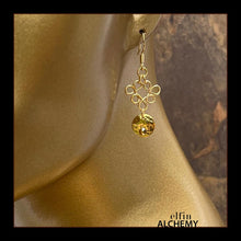 Load image into Gallery viewer, elfin alchemy sun charm byzantine scroll earrings with Swarovski crystals, the celestial collection inspired by the magical art of our ancient ancestors, handmade in Lancashire, England
