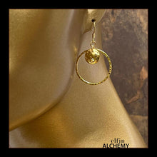Load image into Gallery viewer, elfin alchemy sun charm hoop earrings with Swarovski crystals, the celestial collection inspired by the magical art of our ancient ancestors, handmade in Lancashire, England
