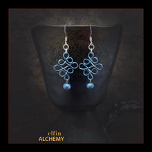 Load image into Gallery viewer, elfin alchemy blue sculptural Celtic style freshwater pearl earrings inspired by the magical art of our ancient ancestors, handmade in Lancashire, England
