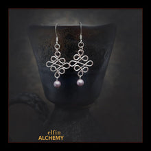Load image into Gallery viewer, elfin alchemy blush pink sculptural Celtic style Swarovski crystal pearl earrings inspired by the magical art of our ancient ancestors, handmade in Lancashire, England

