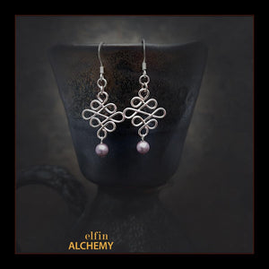 elfin alchemy blush pink sculptural Celtic style Swarovski crystal pearl earrings inspired by the magical art of our ancient ancestors, handmade in Lancashire, England