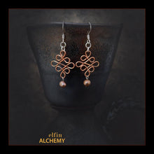 Load image into Gallery viewer, elfin alchemy copper colour sculptural Celtic style freshwater pearl earrings inspired by the magical art of our ancient ancestors, handmade in Lancashire, England
