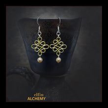 Load image into Gallery viewer, elfin alchemy gold colour sculptural Celtic style Swarovski pearl earrings inspired by the magical art of our ancient ancestors, handmade in Lancashire, England
