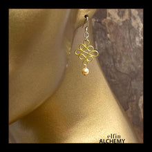 Load image into Gallery viewer, elfin alchemy golden yellow sculptural Celtic style Swarovski crystal pearl earrings inspired by the magical art of our ancient ancestors, handmade in Lancashire, England
