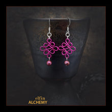 Load image into Gallery viewer, elfin alchemy pink sculptural Celtic style freshwater pearl earrings inspired by the magical art of our ancient ancestors, handmade in Lancashire, England
