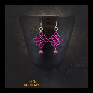 elfin alchemy pink sculptural Celtic style freshwater pearl earrings inspired by the magical art of our ancient ancestors, handmade in Lancashire, England