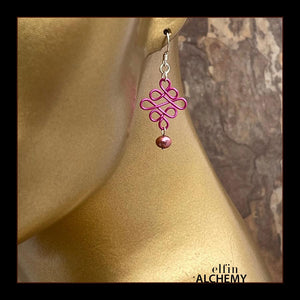 elfin alchemy pink sculptural Celtic style freshwater pearl earrings inspired by the magical art of our ancient ancestors, handmade in Lancashire, England