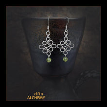 Load image into Gallery viewer, elfin alchemy sterling silver sculptural Celtic style peridot gemstone earrings inspired by the magical art of our ancient ancestors, handmade in Lancashire, England
