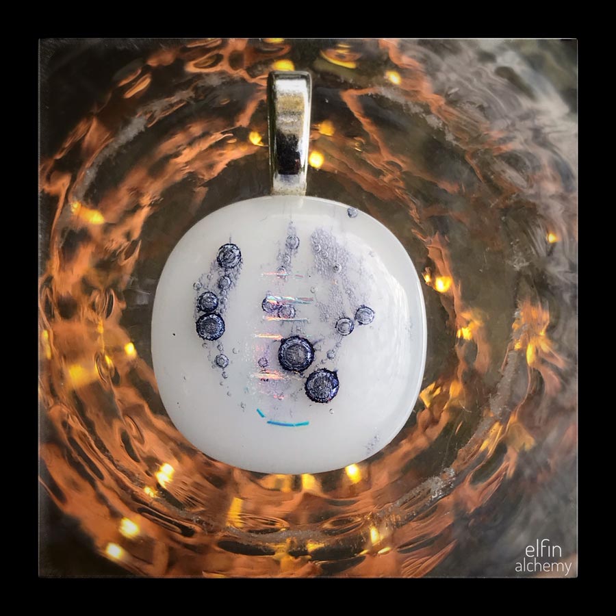 elfin alchemy medium white abstract glass pendant, handcrafted in Lancashire