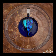 Load image into Gallery viewer, elfin alchemy turquoise blue and transparent blue zing sparkles fused glass pendant, abstract glass alchemy, handmade in Lancashire, England
