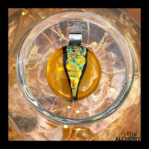 elfin alchemy gold zing sparkles fused glass pendant, abstract glass alchemy, handmade in Lancashire, England
