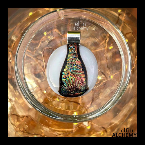 elfin alchemy gold and white zing sparkles fused glass pendant, abstract glass alchemy, handmade in Lancashire, England