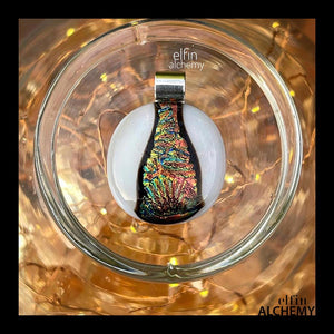 elfin alchemy gold and white zing sparkles fused glass pendant, abstract glass alchemy, handmade in Lancashire, England