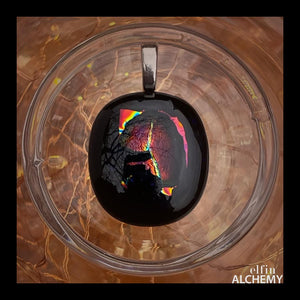 elfin alchemy coppery gold magma on black fused glass pendant, abstract glass alchemy, handmade in Lancashire, England