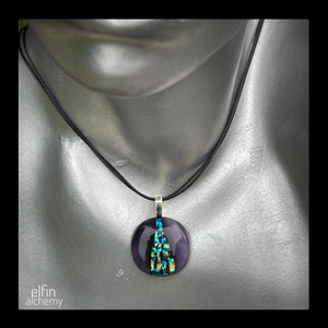 elfin alchemy peacock and purple zing sparkles fused glass pendant, abstract glass alchemy, handmade in Lancashire, England