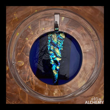 Load image into Gallery viewer, elfin alchemy peacock and blue zing sparkles fused glass pendant, abstract glass alchemy, handmade in Lancashire, England
