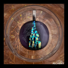 Load image into Gallery viewer, elfin alchemy peacock and purple zing sparkles fused glass pendant, abstract glass alchemy, handmade in Lancashire, England
