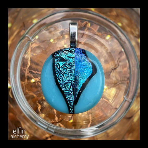 elfin alchemy turquoise zing sparkles fused glass pendant, abstract glass alchemy, handmade in Lancashire, England