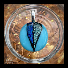 Load image into Gallery viewer, elfin alchemy turquoise zing sparkles fused glass pendant, abstract glass alchemy, handmade in Lancashire, England
