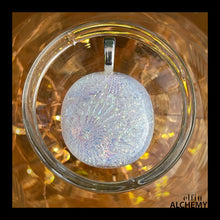 Load image into Gallery viewer, elfin alchemy white sparkles large fused glass pendant, abstract glass alchemy, handmade in Lancashire, England
