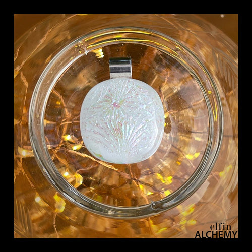 elfin alchemy unique medium white sparkles glass pendant with sterling silver bail handmade in Lancashire