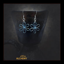 Load image into Gallery viewer, elfin alchemy pale blue sculptural flower style earrings inspired by the magical art of our ancient ancestors, handmade in Lancashire, England
