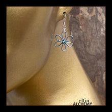 Load image into Gallery viewer, elfin alchemy pale blue sculptural 6-petal flower earrings inspired by the magical art of our ancient ancestors, handmade in Lancashire, England
