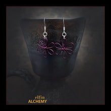 Load image into Gallery viewer, elfin alchemy dark purple sculptural flower style earrings inspired by the magical art of our ancient ancestors, handmade in Lancashire, England
