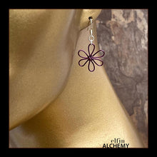 Load image into Gallery viewer, elfin alchemy purple sculptural 6-petal flower earrings inspired by the magical art of our ancient ancestors, handmade in Lancashire, England
