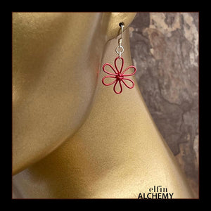 elfin alchemy red sculptural 6-petal flower earrings inspired by the magical art of our ancient ancestors, handmade in Lancashire, England