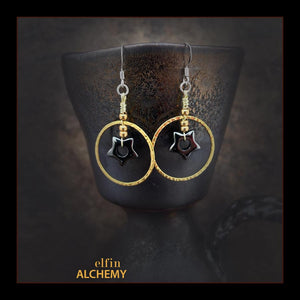 elfin alchemy gold colour hoop hematine gemstone star earrings, handmade in Lancashire, England